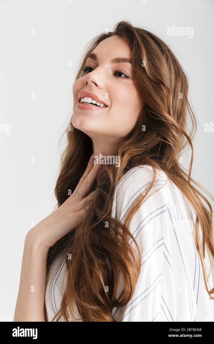 Image of joyful caucasian woman posing and laughing at camera isolated ...
