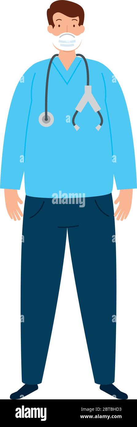 masculine doctor using medical protective mask against covid 19 on white background Stock Vector