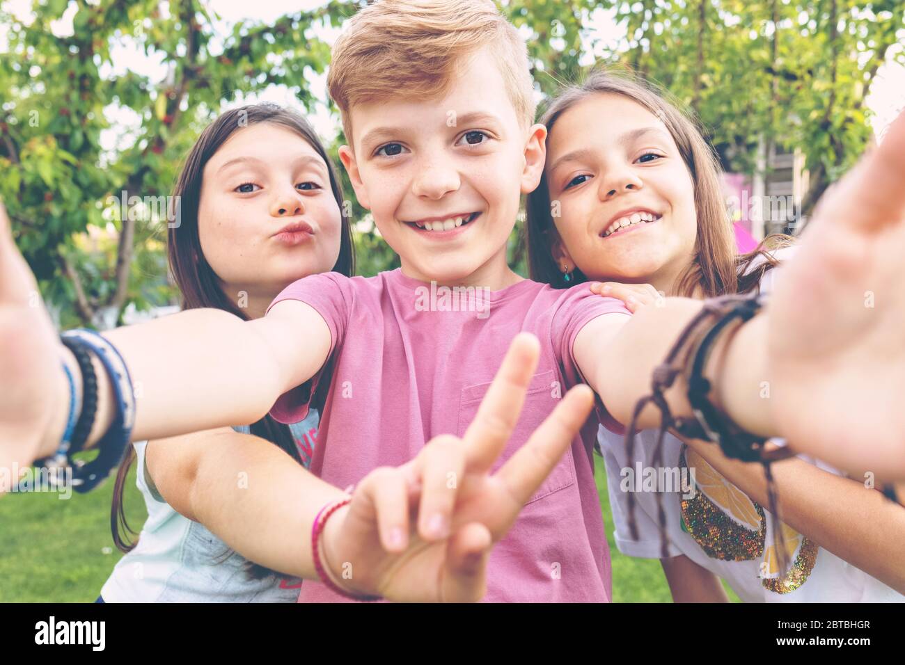 Happy Best Friends Kids Taking Selfie Outdoors In Garden Party Stock Photo Alamy