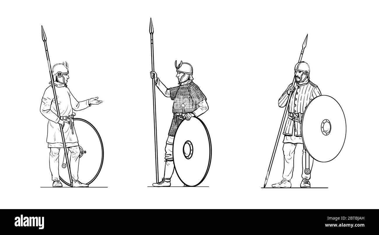 Late roman soldiers before the battle. Set of 3 warriors. Outline drawing. Stock Photo