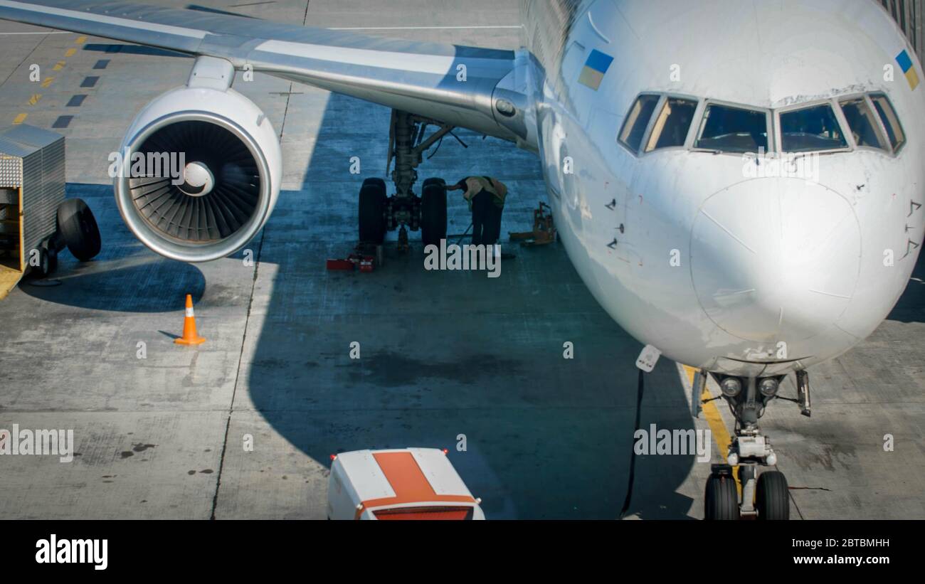 Professional mechanics in airport ground crew checking airplane chassis