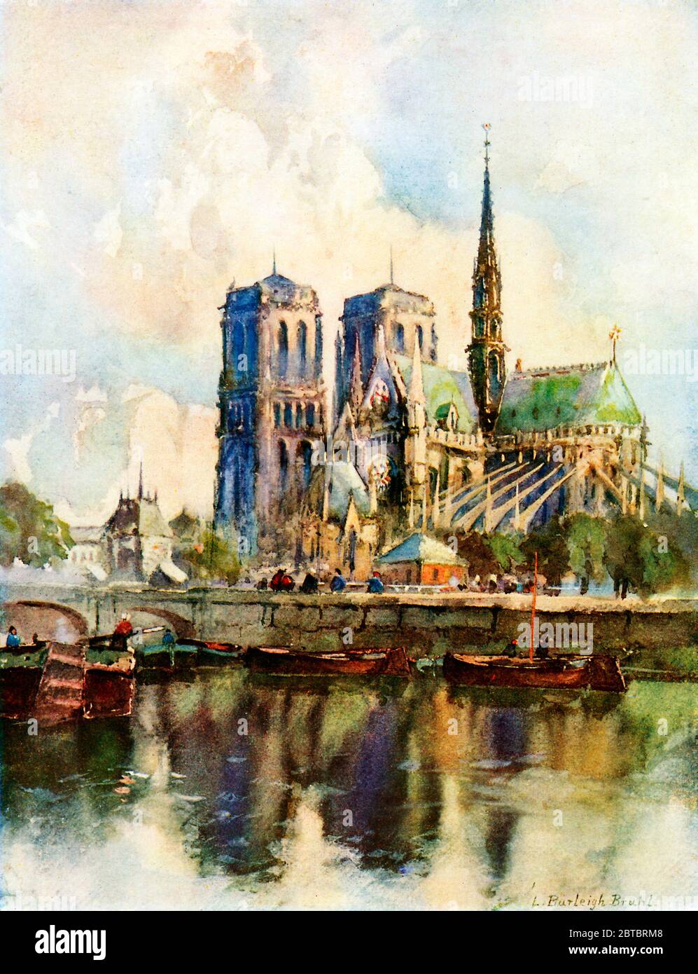 Notre Dame, Paris, 1917 watercolour by L Burleigh Bruhl of the iconic cathedral on the Ile de la Cité on the River Seine Stock Photo