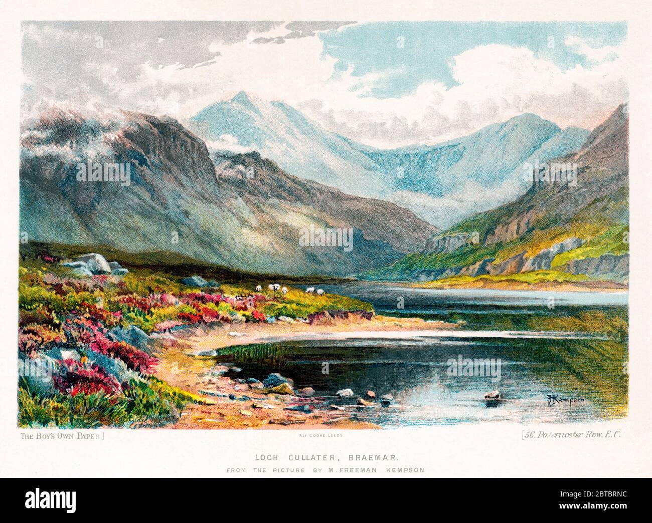 Loch Callater, Braemar, Victorian watercolour of the freshwater loch just south of Braemar in the Scottish Highlands, painted by M Freeman Kempson and reproduced in the Boys Own paper Stock Photo