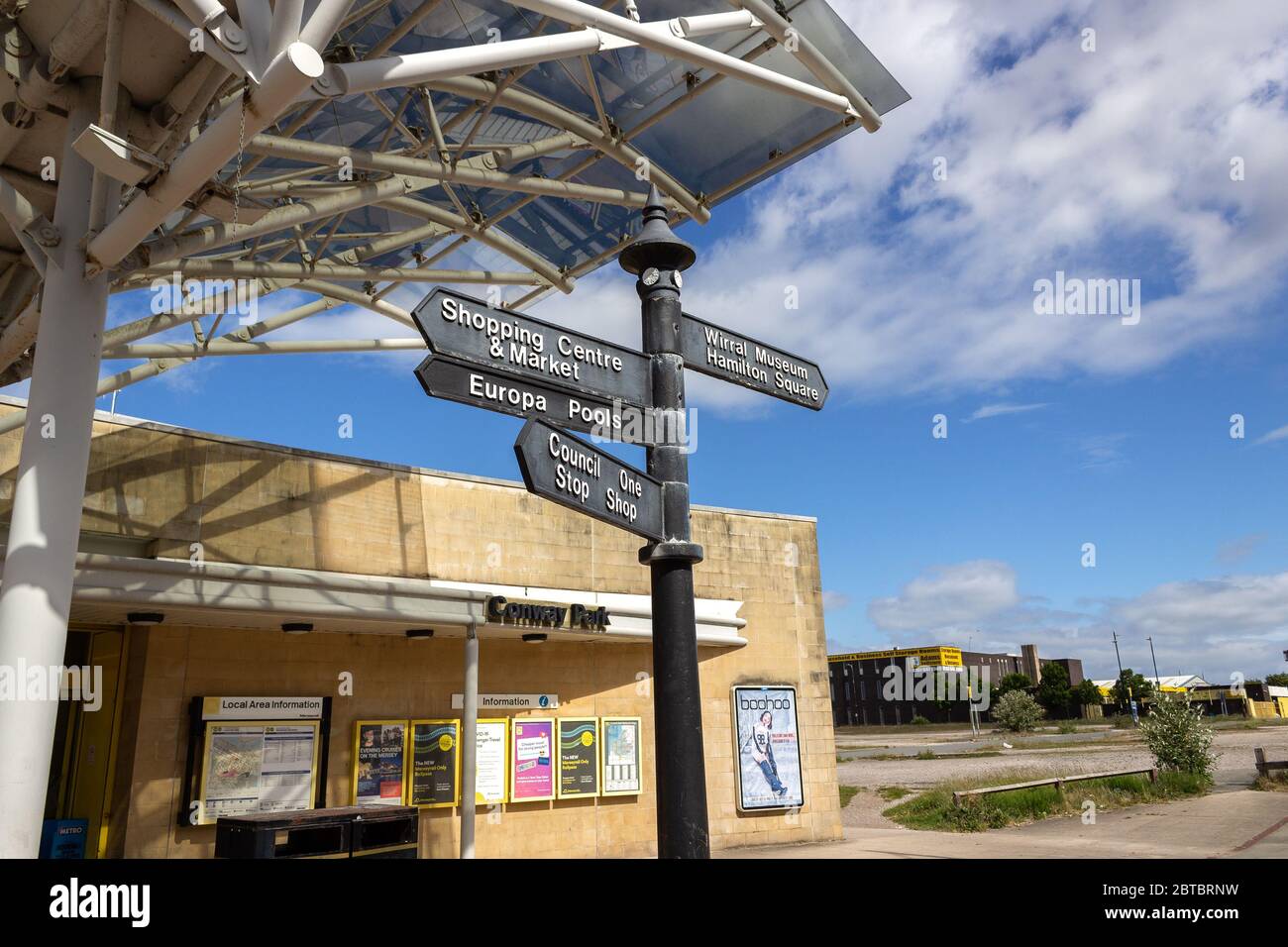 Signpost with directions, next to Conway Park train station, Birkenhead