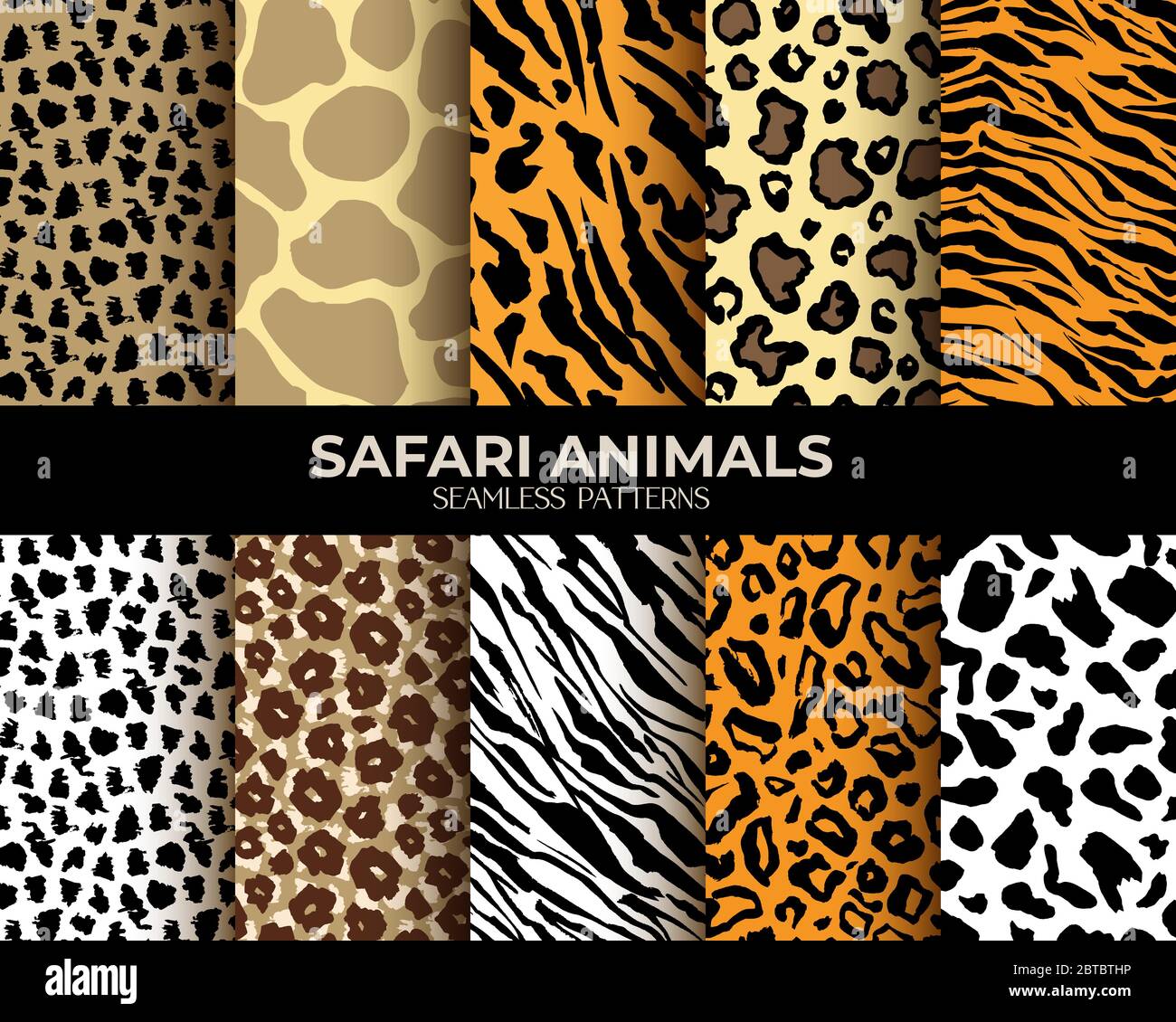 Animal fur seamless patterns set, leopard, tiger and zebra vector backgrounds. African animals fur and skin hair texture, simple brown jaguar stripes, black panther and beige giraffe spots pattern Stock Vector