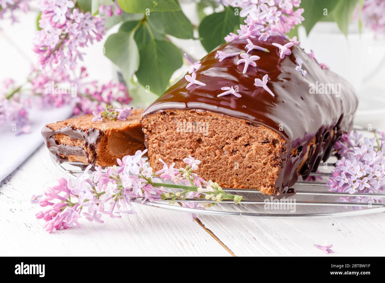 Classic chocolate cake for breakfast on table Stock Photo Alamy