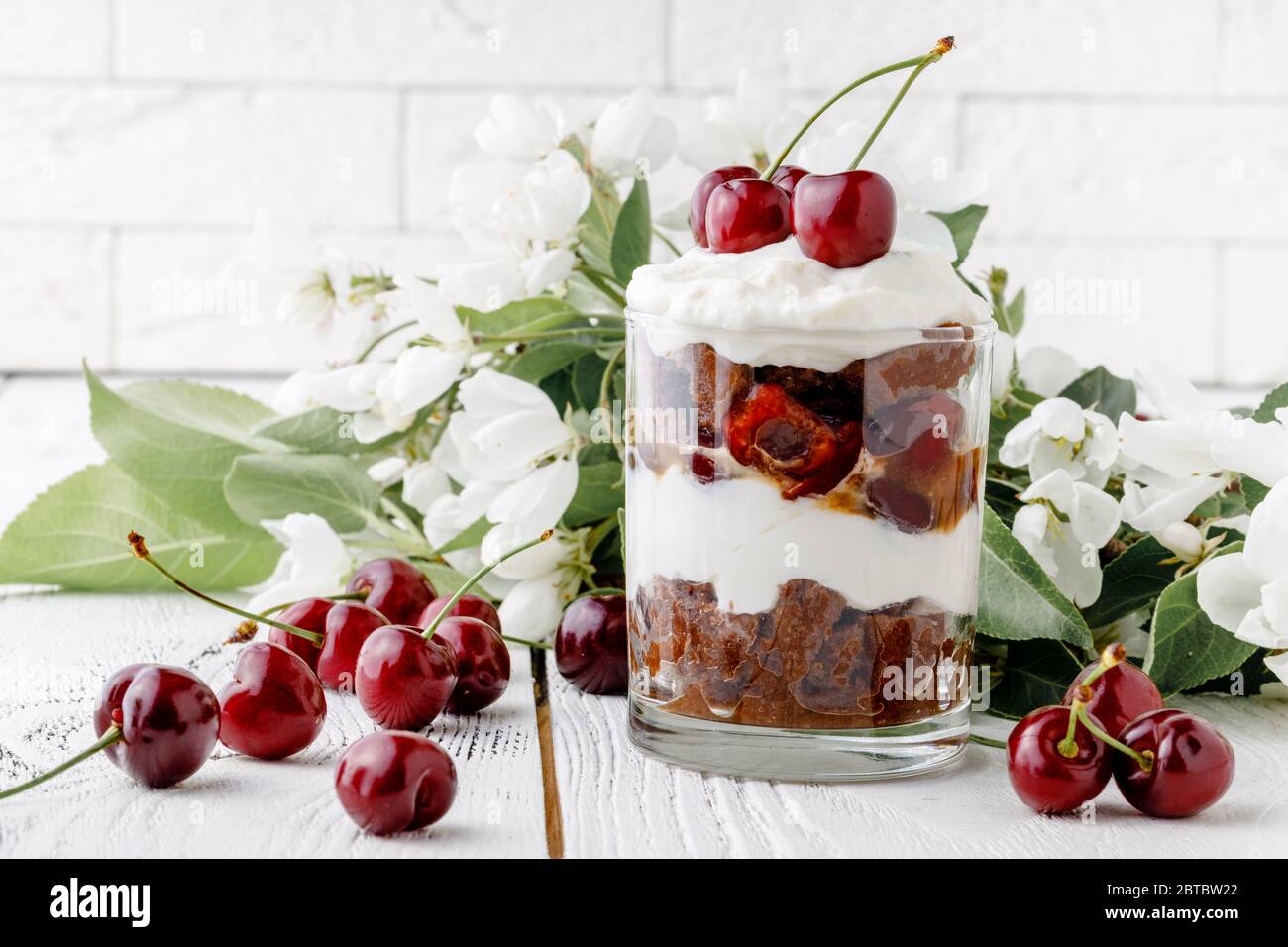 Trifle dessert made with fruit, a thin layer of sponge fingers soaked