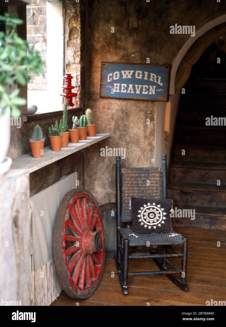Pots of cacti on shelf above rocking chair in dated hall Stock Photo