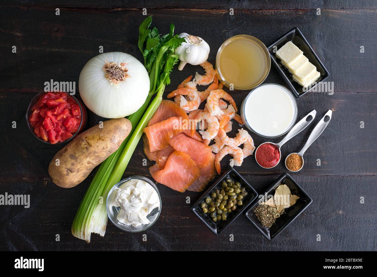 Smoked Salmon Chowder Ingredients Seafood, vegetables, and other raw ingredients Stock Photo