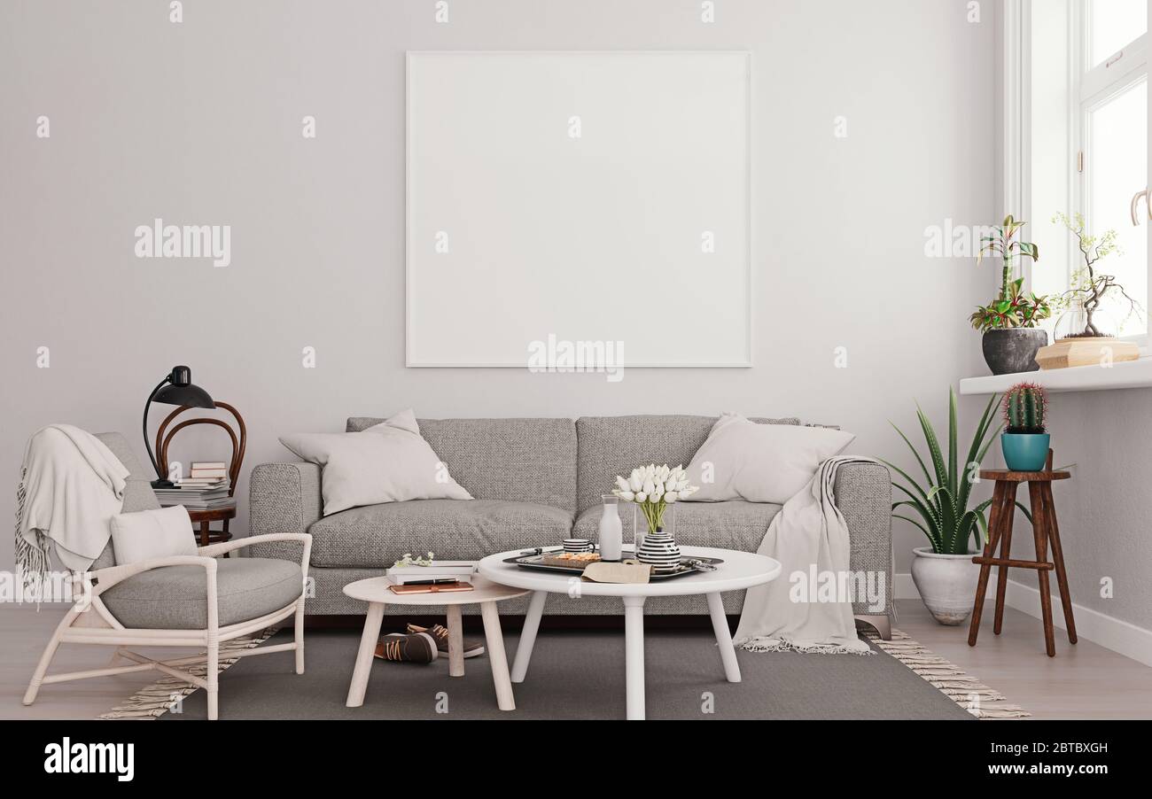 White mock up poster frame on wall with gray sofa in modern interior background, living room, Scandinavian style, 3D render, 3D illustration Stock Photo