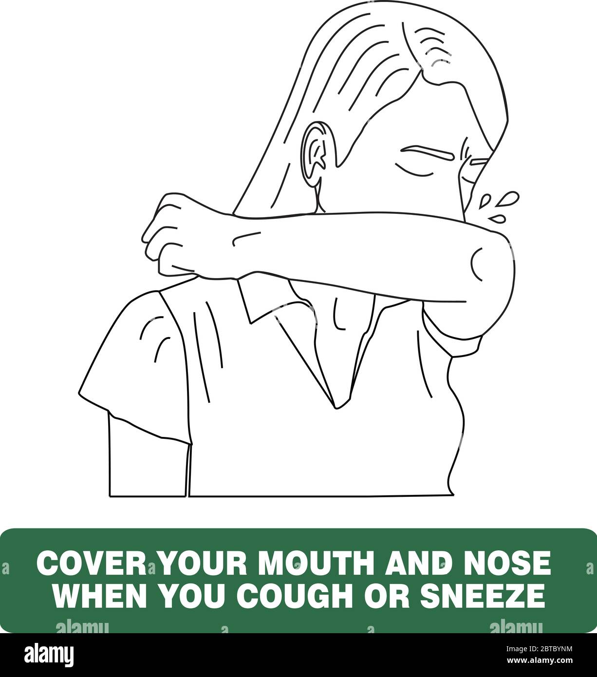 Cover your mouth and nose with arm when cough or sneeze. woman vector warning sign about cough and sneeze. Coronavirus protection sign. Stock Vector