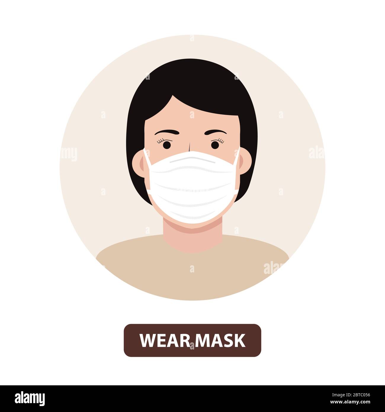 Woman wear mask vector. Vector Wear Face Mask sign for women. Warning sign recommend use of protective face mask in prevention virus infection Stock Vector
