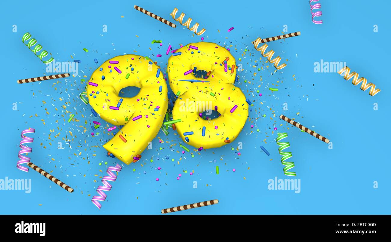 Number 98 for birthday, anniversary or promotion, in thick yellow letters on a blue background decorated with candies, streamers, chocolate straws and Stock Photo
