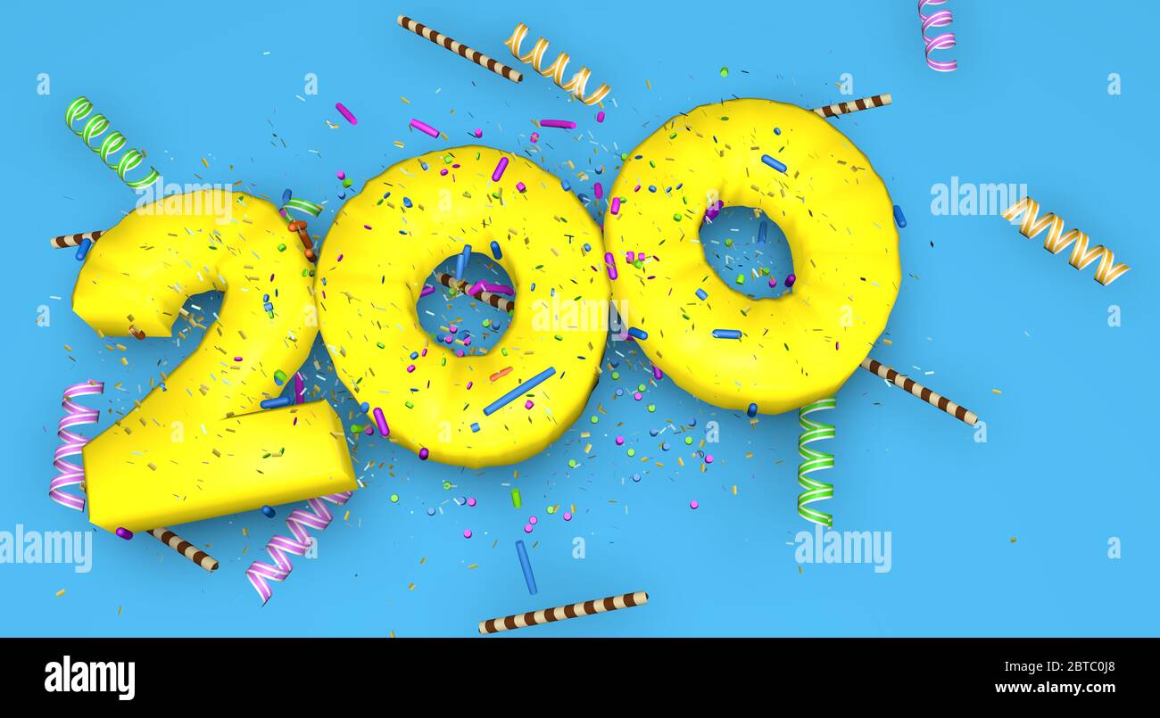 Number 200 for birthday, anniversary or promotion, in thick yellow letters on a blue background decorated with candies, streamers, chocolate straws an Stock Photo