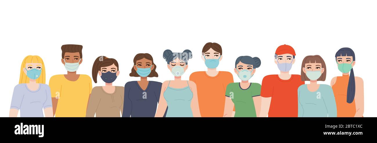 Crowd in face mask. Set of different face mask types. Pandemic covid-19, quarantine, health, respiratory protection concept. Stock vector illustration Stock Vector