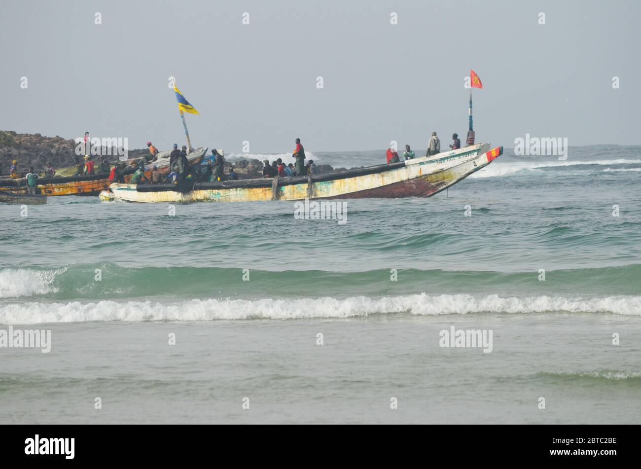 Pirogues (artisanal fishing boats) near Yoff island, Dakar, Senegal Stock Photo