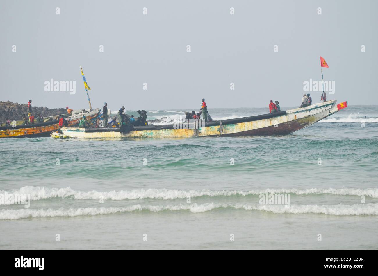 Pirogues (artisanal fishing boats) near Yoff island, Dakar, Senegal Stock Photo