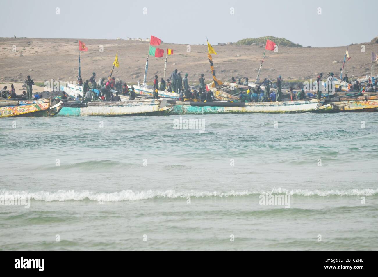 Pirogues (artisanal fishing boats) near Yoff island, Dakar, Senegal Stock Photo