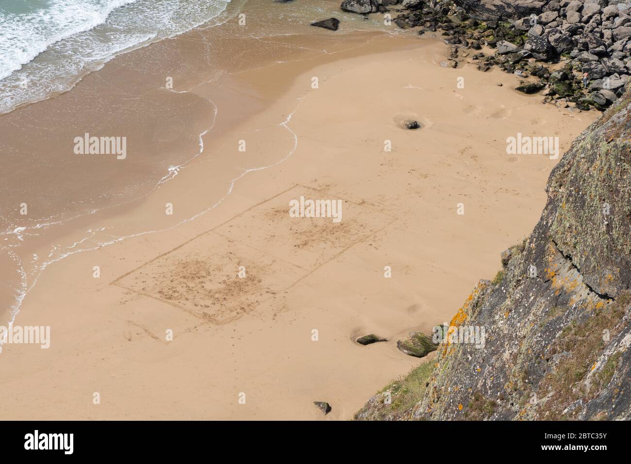 Beach football pitch at Bedruthan Steps during COVID-19 lockdown. Stock Photo