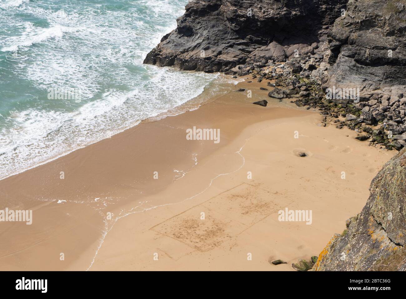 Beach football pitch at Bedruthan Steps during COVID-19 lockdown. Stock Photo