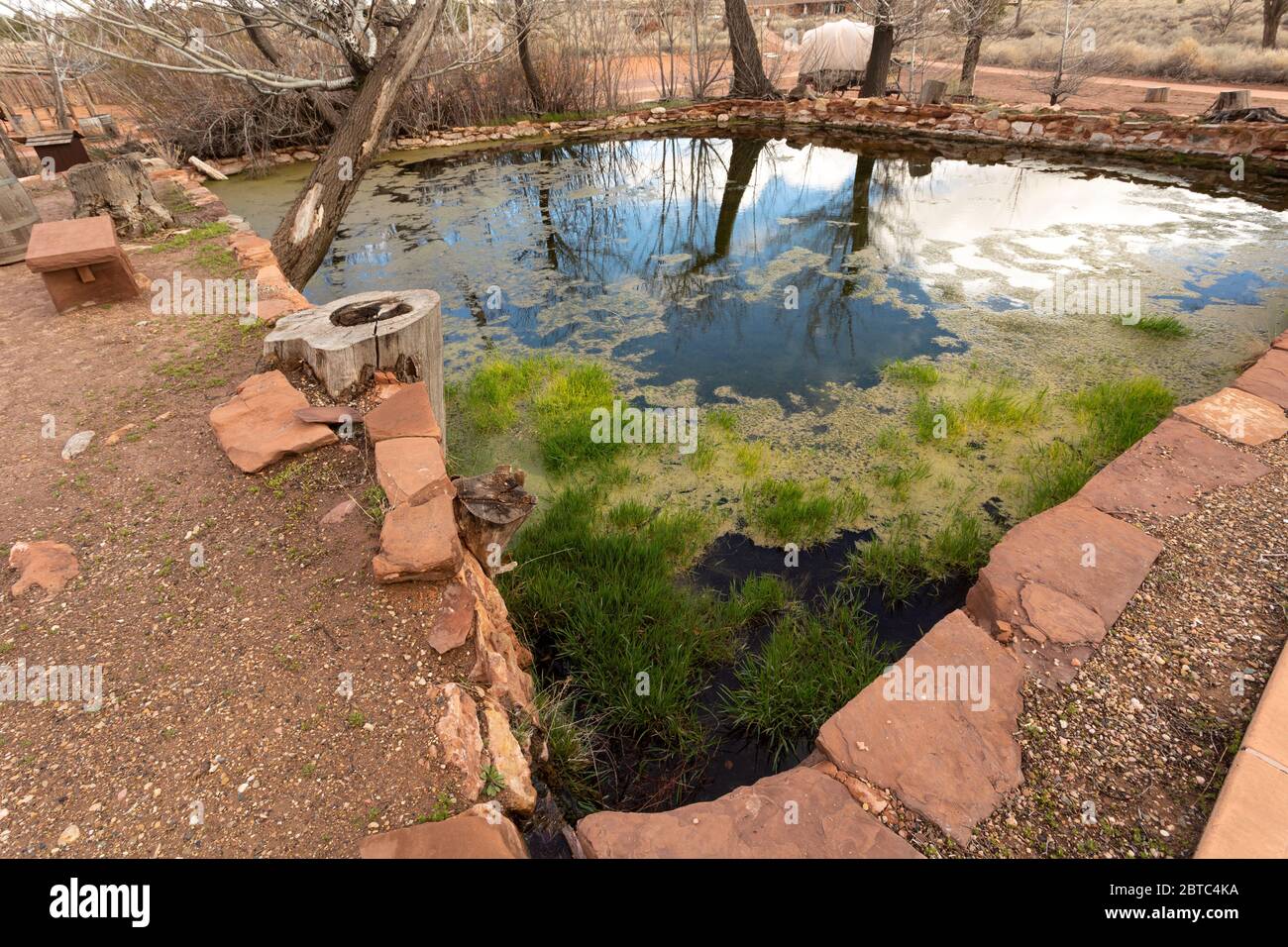 AZ00379-00...ARIZONA - Man-made pond filled by Pipe Spring making this area an oasis in the dry prairie lands at Pipe Spring National Monument. Stock Photo