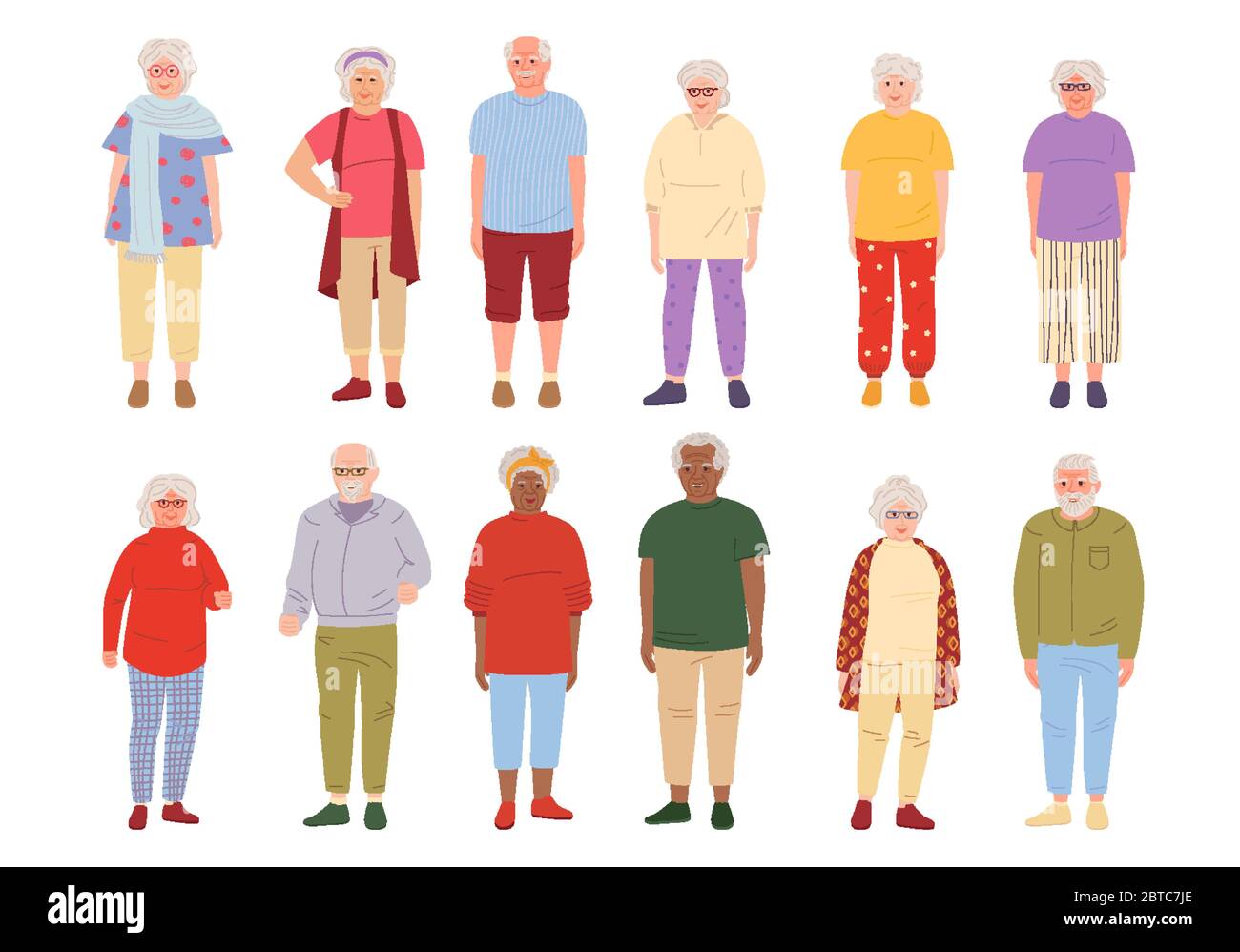 Old people cartoon set. Group grandparent. Different nations representatives elderly people in casual clothes. Smiling older men and women retirement age. Isolated on white vector illustration Stock Vector