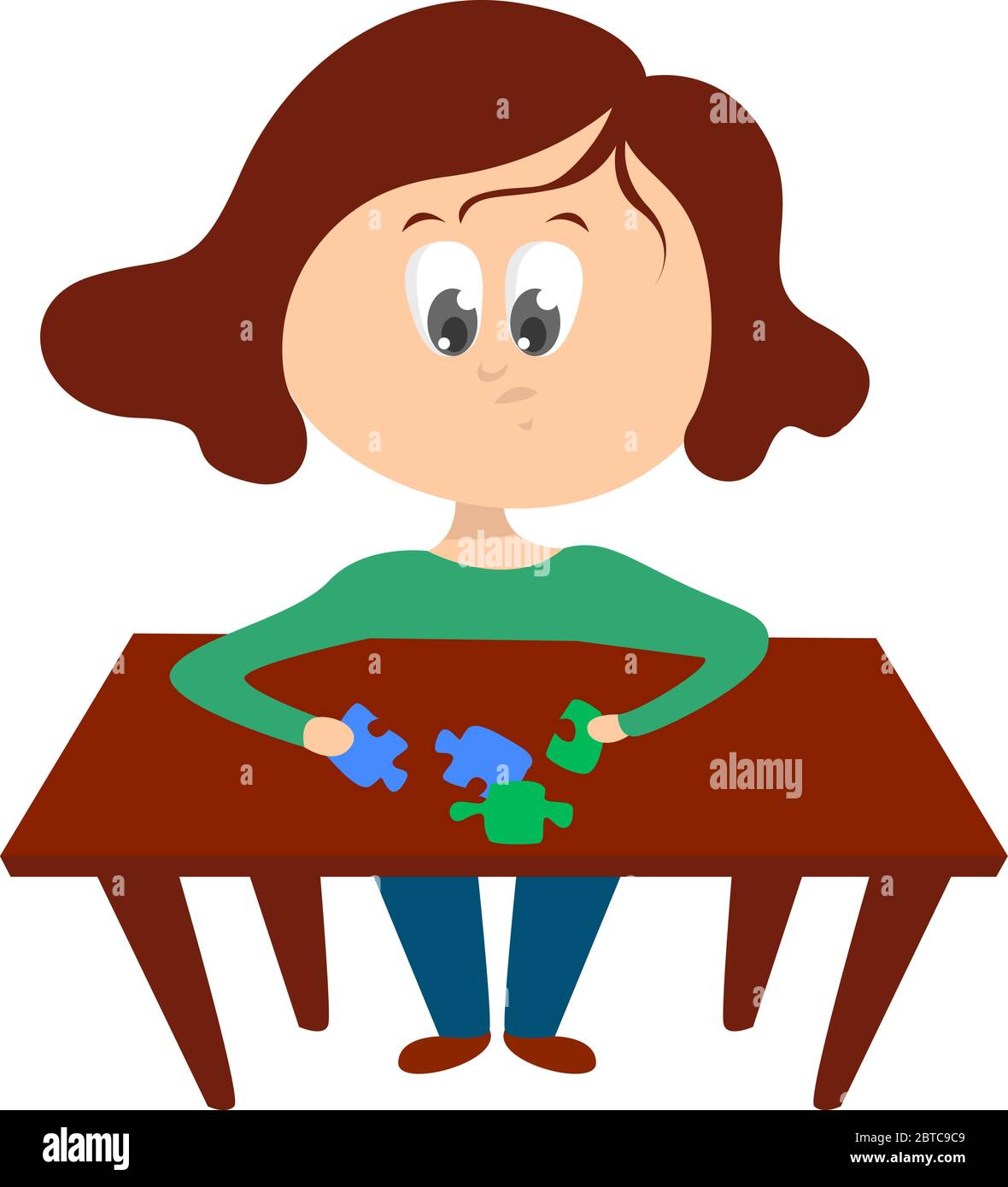 Girl solving puzzle , illustration, vector on white background Stock Vector