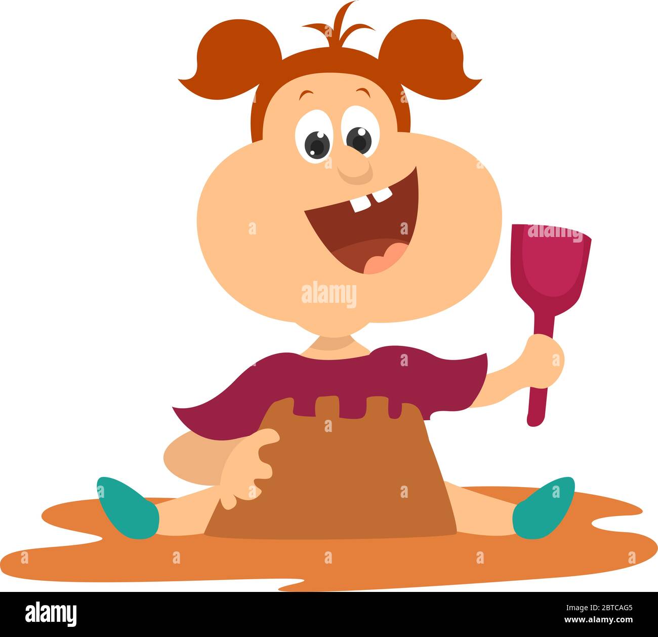 Happy girl playing in sand , illustration, vector on white background Stock Vector