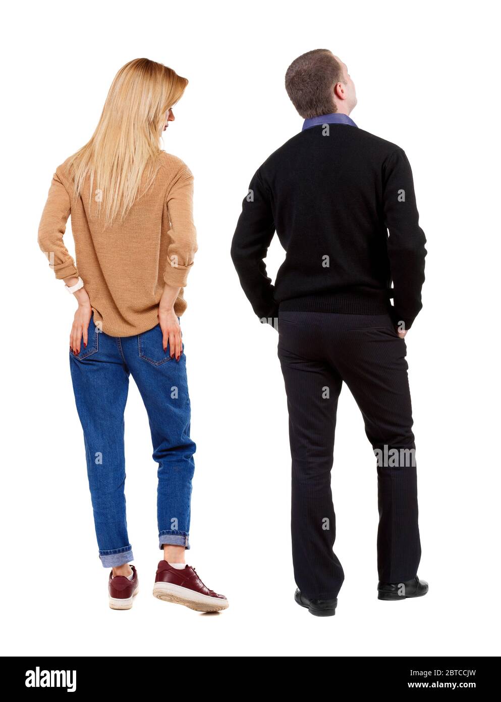 Back view couple in sweater. beautiful man and woman. Rear view people ...