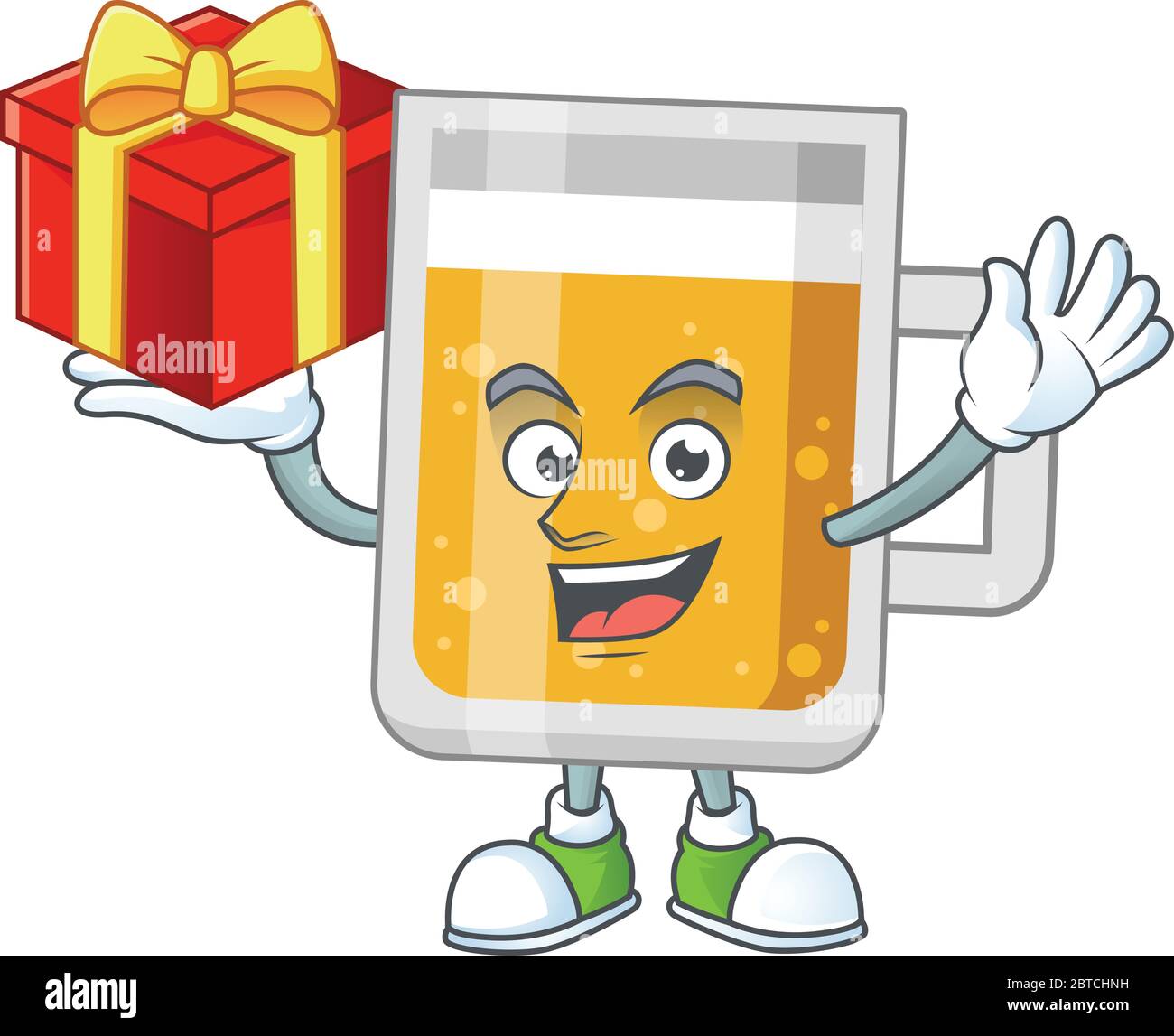 Glass of beer cartoon mascot concept design with a red box of gift ...