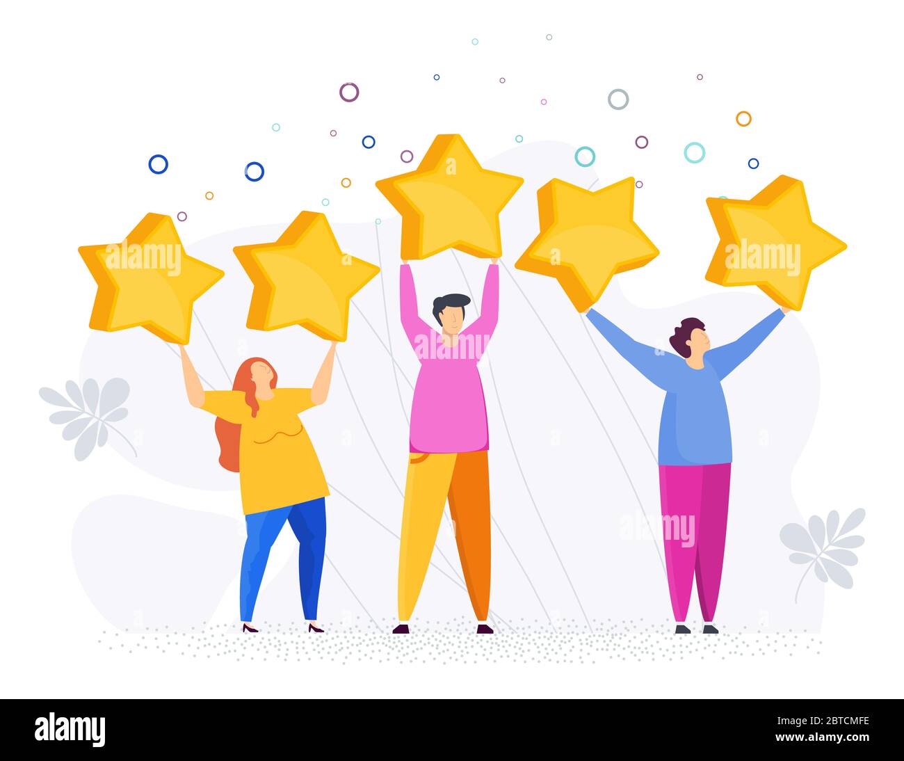 People raised large stars above their heads. Customer feedback. Stock Vector