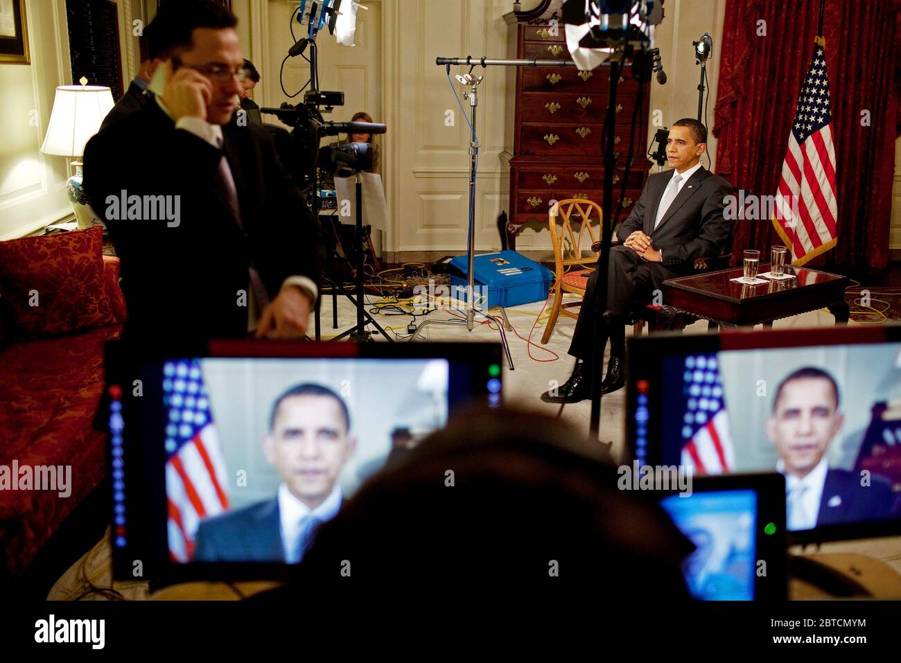 President  Obama conducts interviews in the  Map Room 3/30/09. Stock Photo