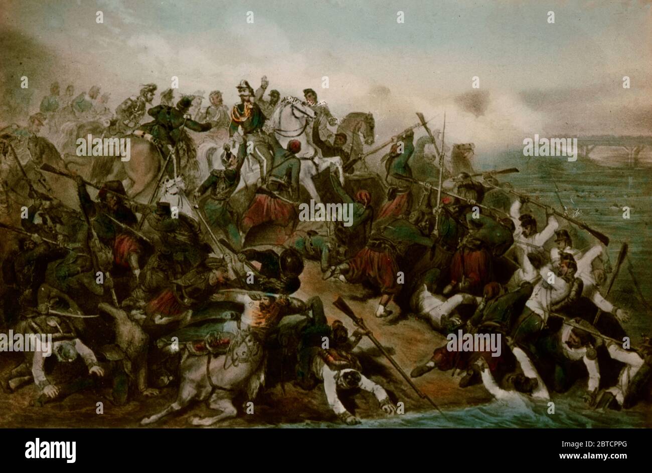 04 Aug 2013 Vintage Glass Painting of 1857 Mutiny or  Massacre Ghat Kanpur Second Battle of  Kanpur (then spelled Cawnpore) Uttar Pradesh India Stock Photo
