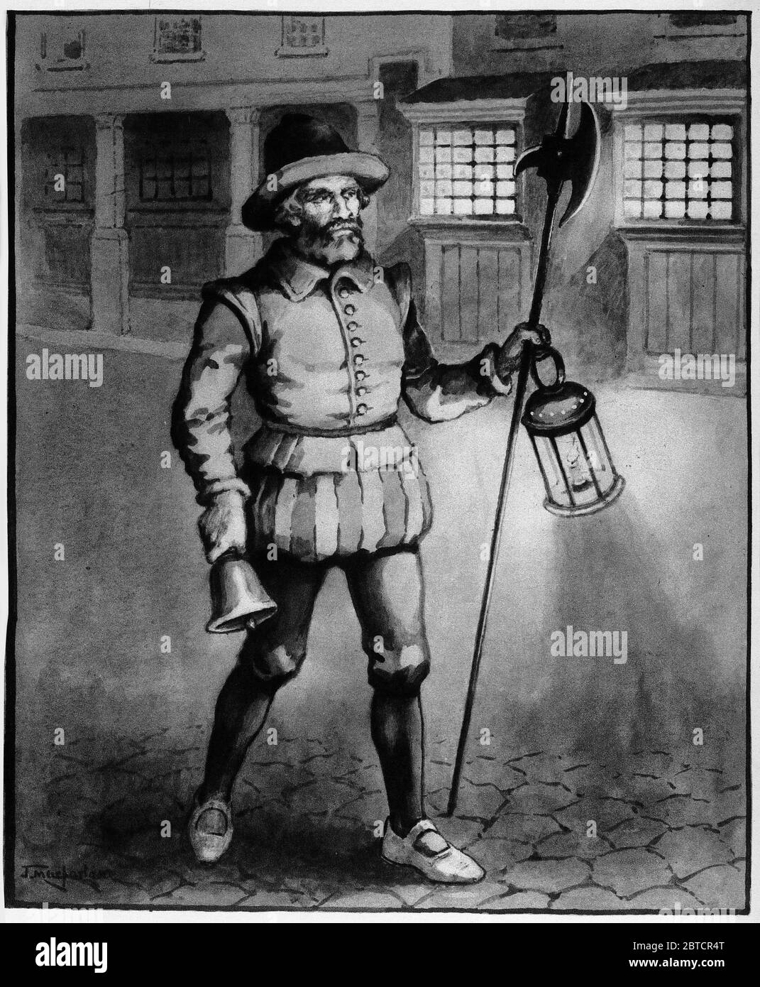 illustration of a night watchman, common in old European towns and cities, from a set of school posters used for social studies, c 1930 Stock Photo