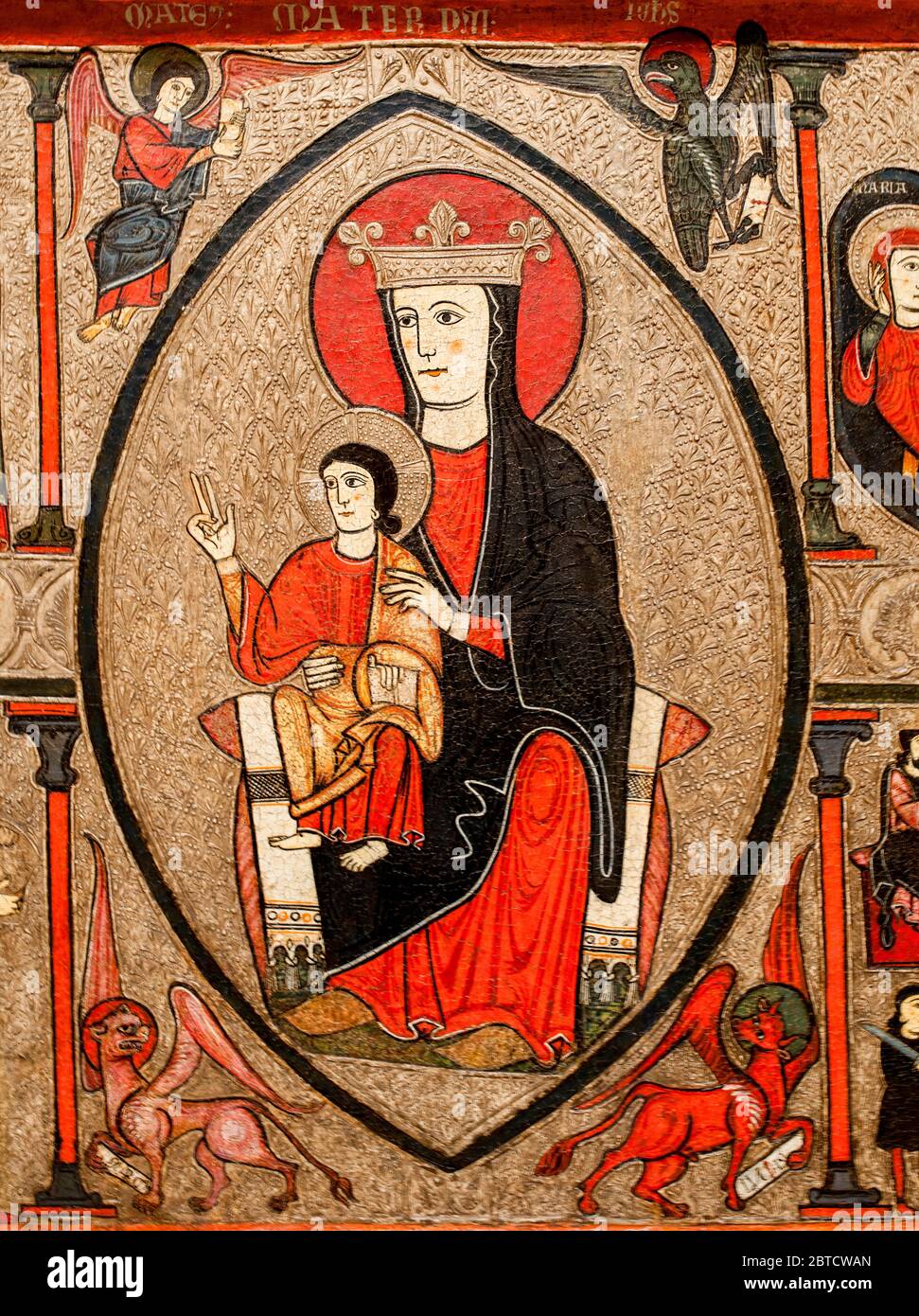 Barcelona, Spain - Dec 26th 2019: Altar frontal from Cardet, 13th Century. Made by Master Iohannes. Detail of Madonna. National Art Museum of Cataloni Stock Photo
