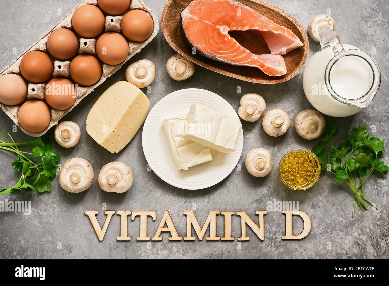 Foods Rich In Vitamin D. Products high in vitamin D. Top view, flat lay, lettering Stock Photo