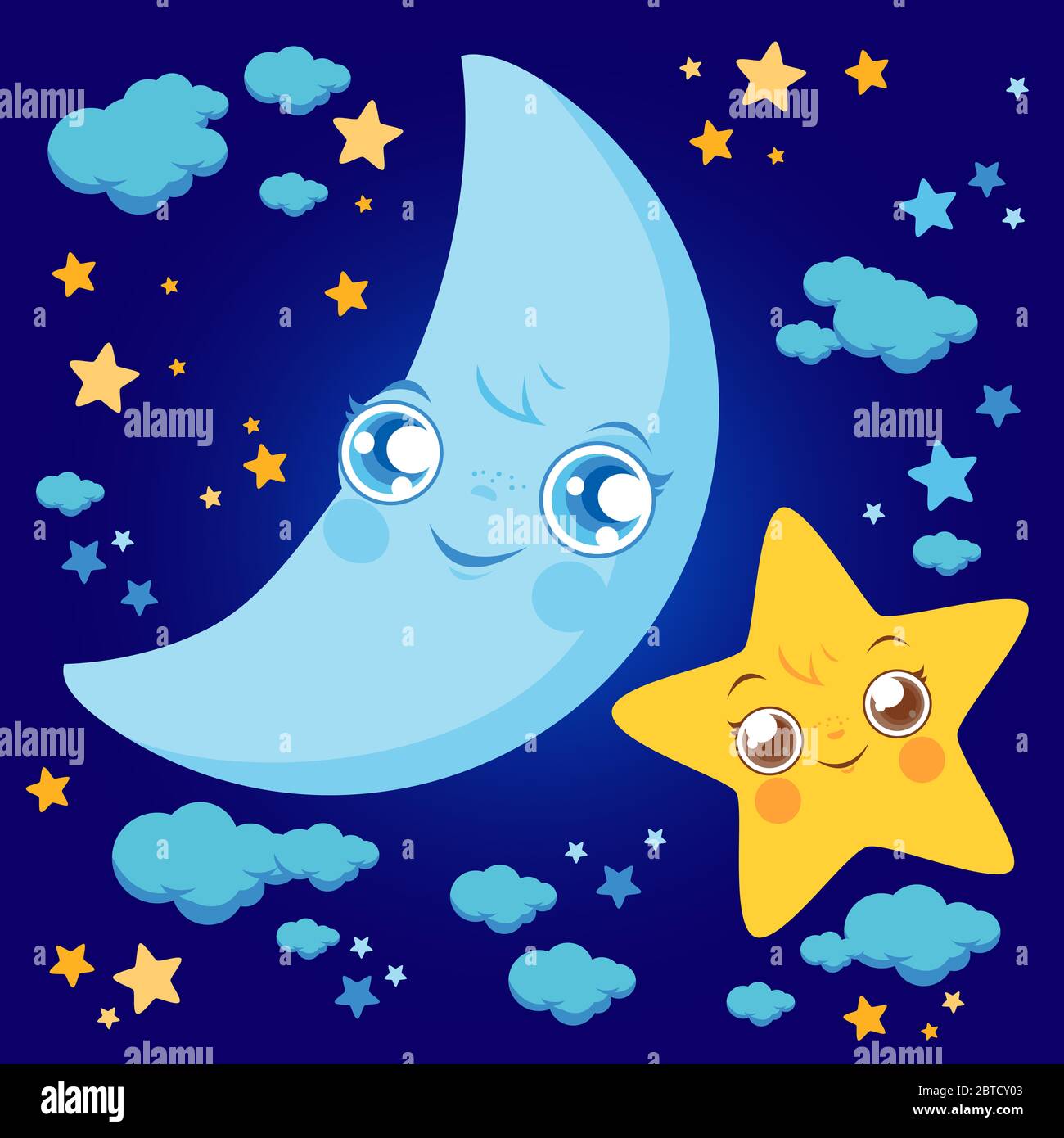 Cartoon moon and star characters at the night sky. Stock Photo