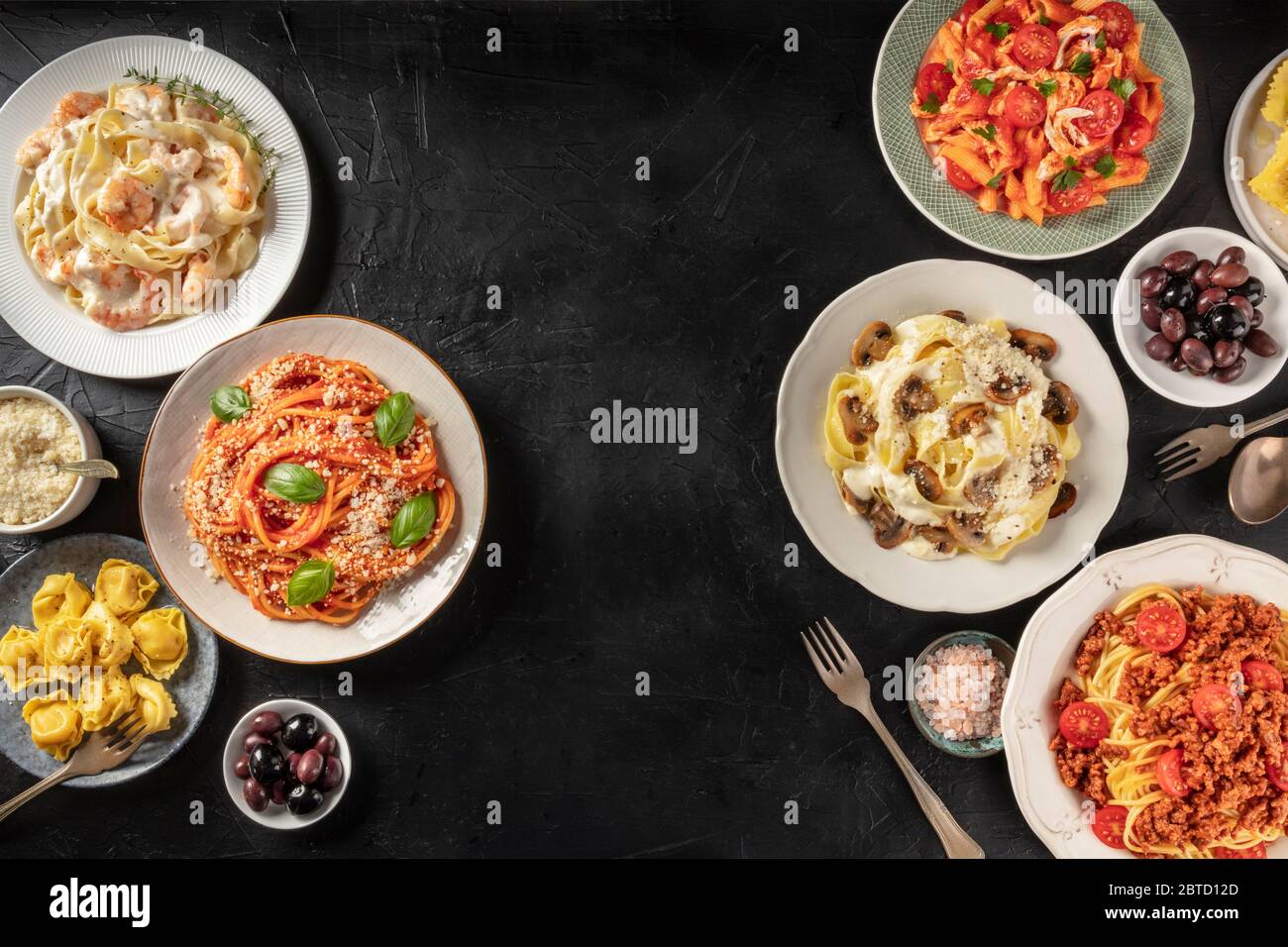 Pasta Design Template Assortment Of Italian Pasta Dishes Including Spaghetti Bolognese Penne With Chicken And Many Others Shot From The Top On A Black Background Stock Photo Alamy