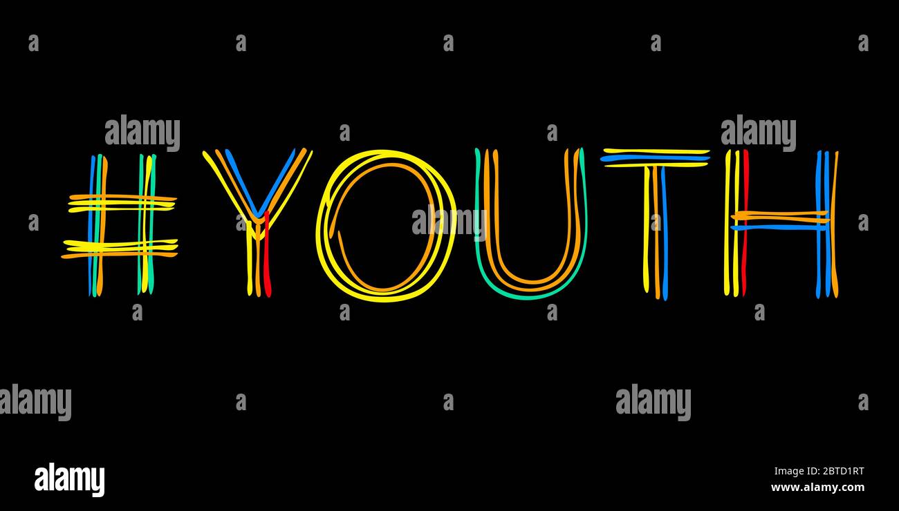 Hashtag Youth. Isolate doodle lettering inscription from multi-colored curved lines like from a felt-tip pen or pensil. For banners, flyers, cards Stock Vector