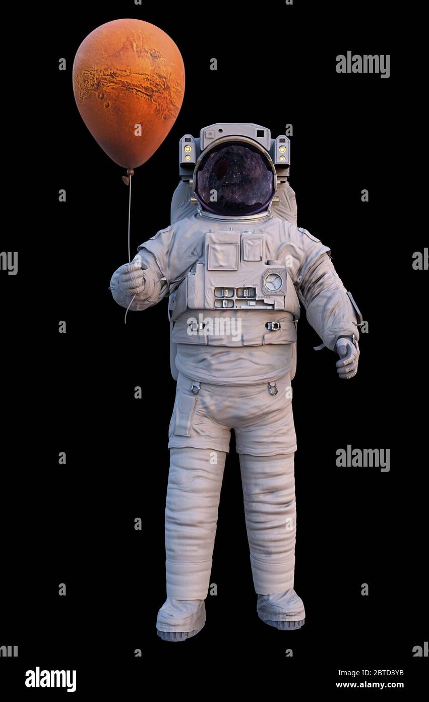 astronaut with planet Mars balloon isolated on black background Stock ...