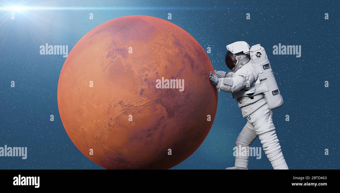 astronaut and planet Mars, world of the solar system Stock Photo