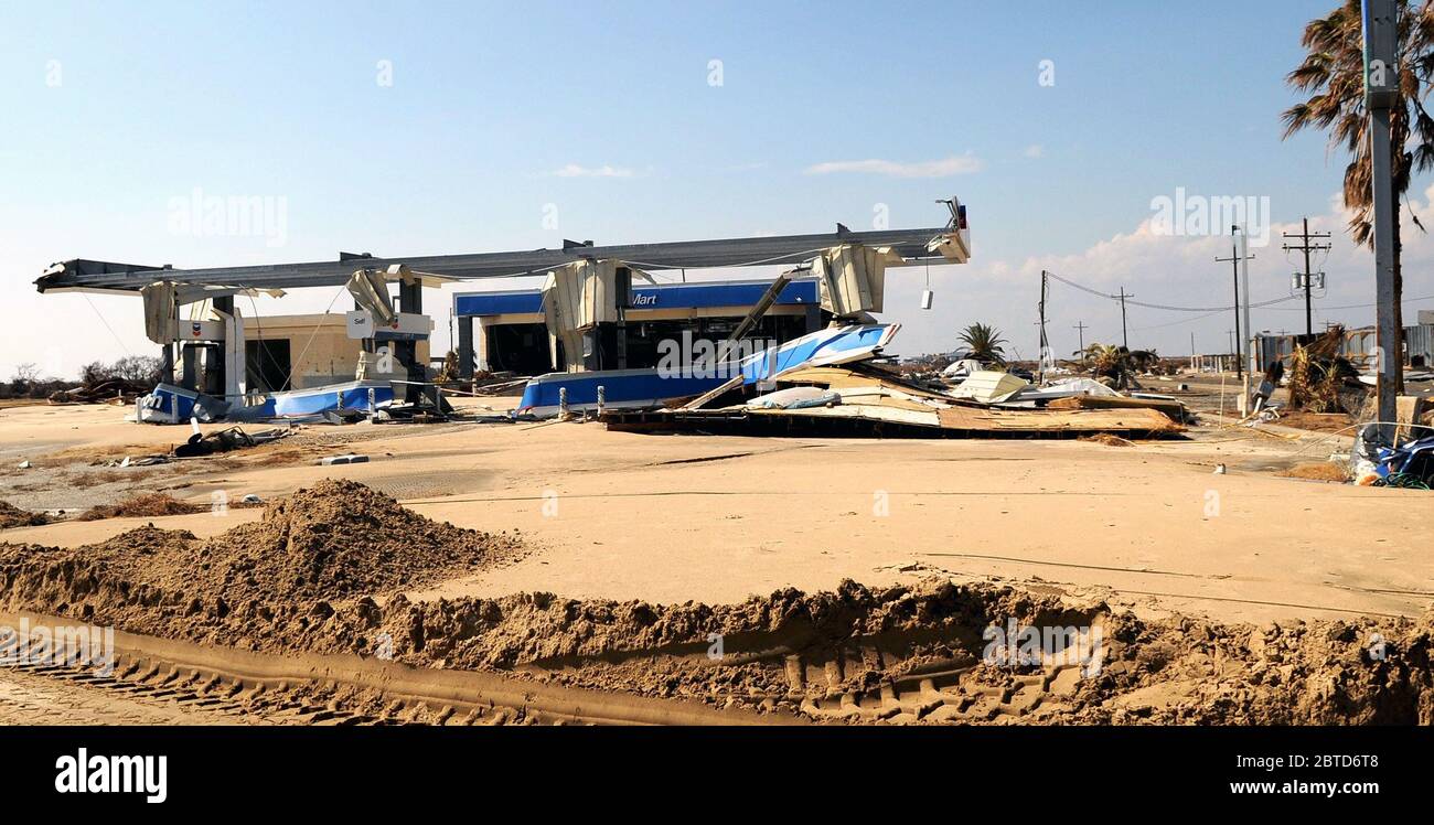 Bolivar Peninsula, TX, September 20, 2008 -- A gas station destroyed by Hurricane Ike. Stock Photo