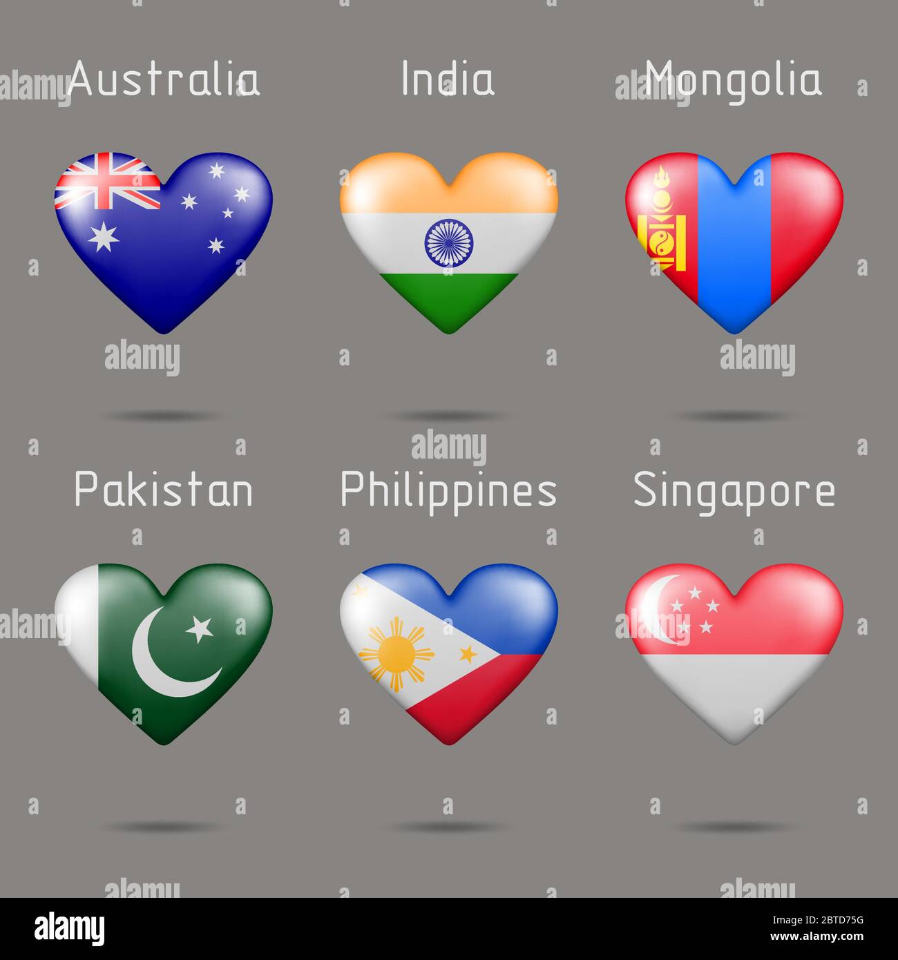 Heart shaped different countries flags Stock Vector