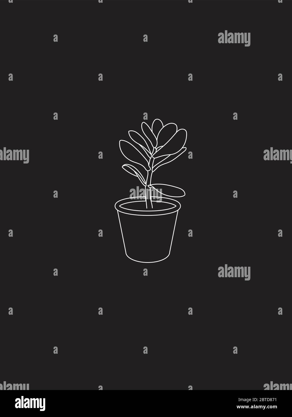 Modern and Minimalist Jade Plant in Pot White Line Art. White Line un Dark Grey Stock Vector