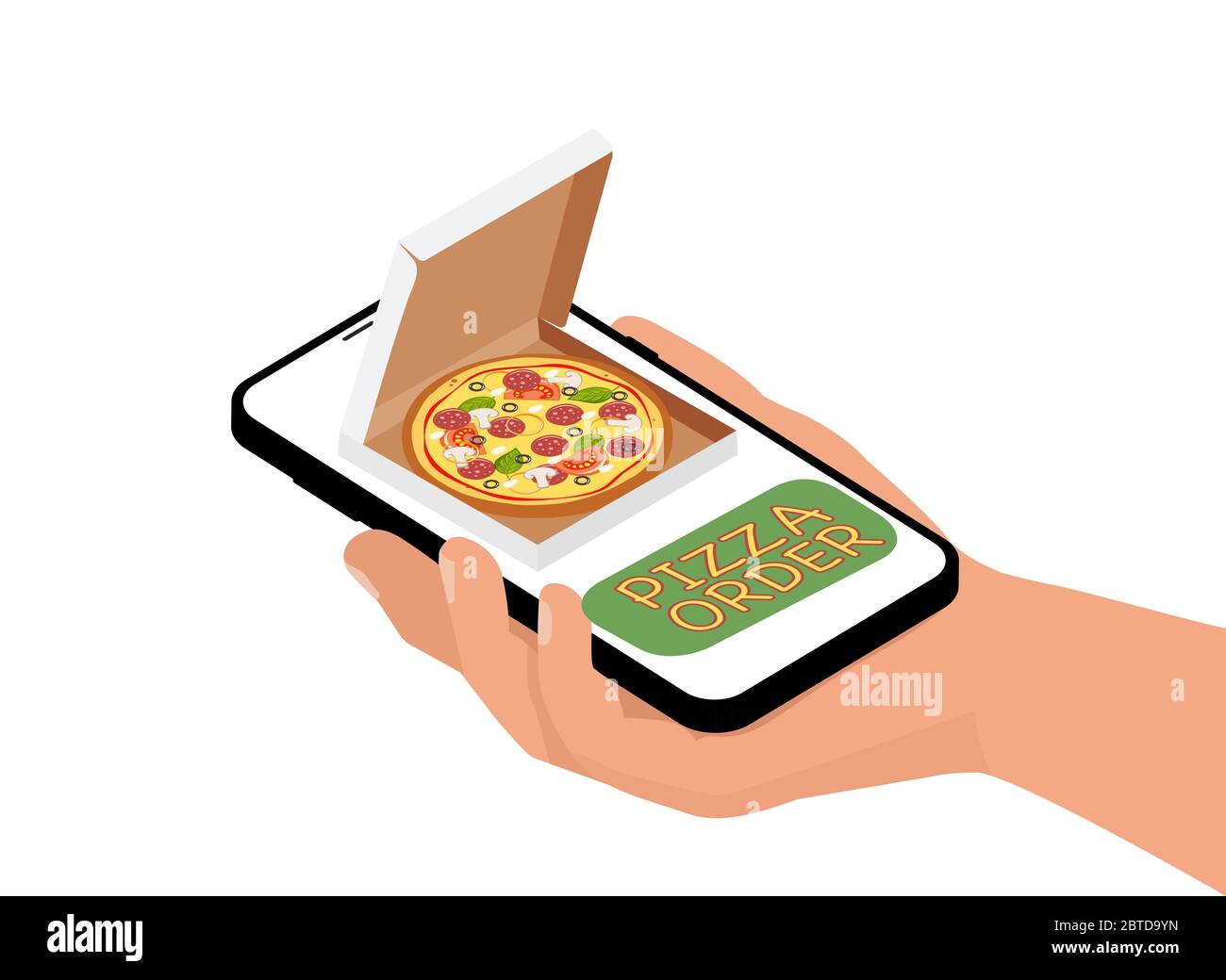 Fast food pizza delivery online service. Flat isometric vector illustration. Stock Vector
