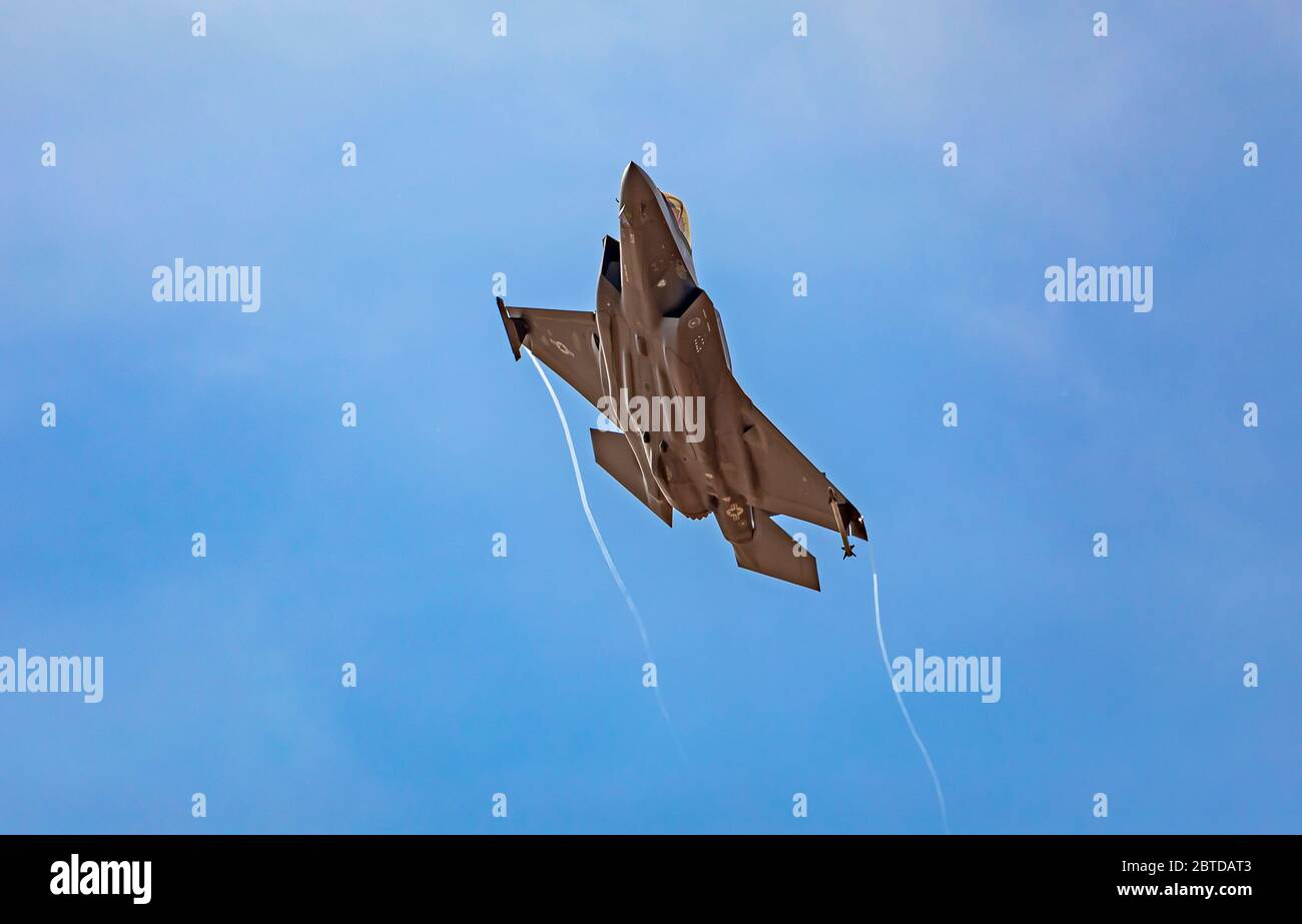 A Lockheed Martin F-35A Lightning II jet fighter climbs as it takes off during training from Hill Air Force Base in Layton, Utah, USA. Stock Photo