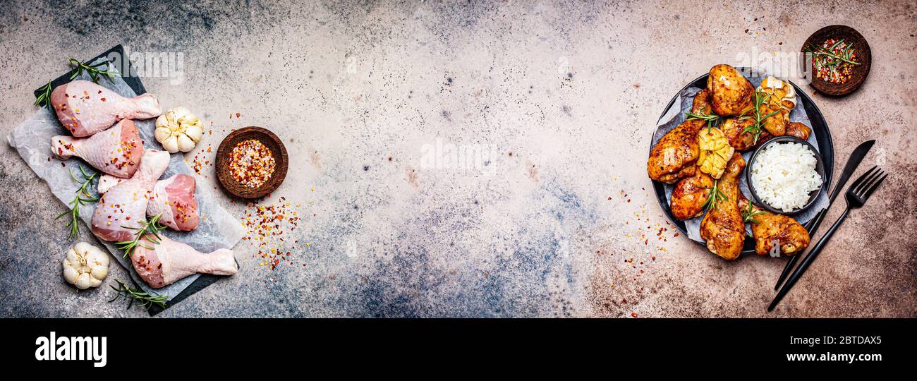 Chicken meat banner. Raw chicken legs and fried spicy chicken legs