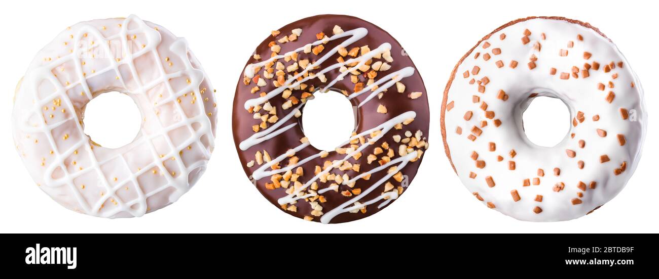 Set of glazed donuts with sprinkles on a white background with ...