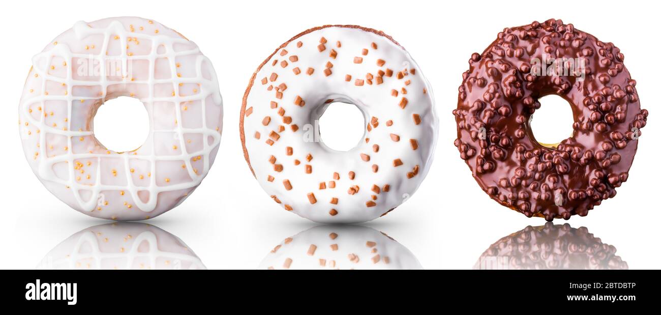 Set of glazed donuts with sprinkles on a white background with ...