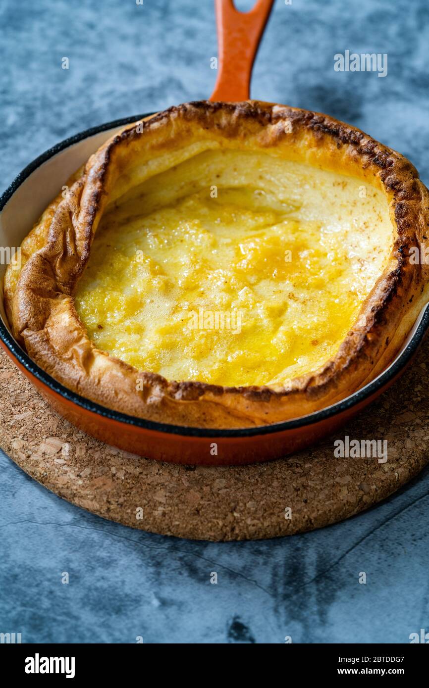 Dutch Baby German Pancake Plain Style in Iron Skillet Pan. Traditional